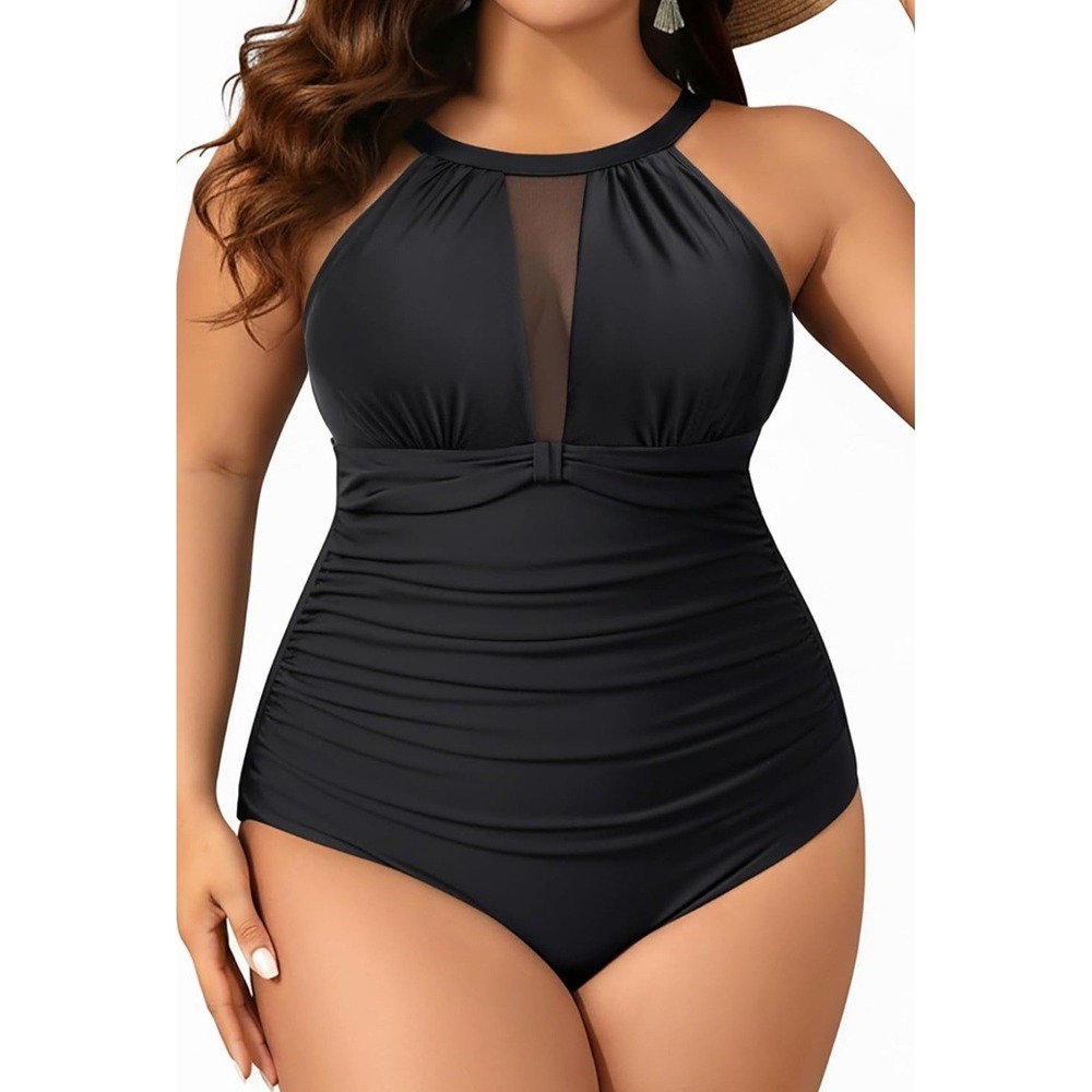 Aqua Eve Plus Size Swimsuit Women One Piece Tummy Control Black Ruched High Neck